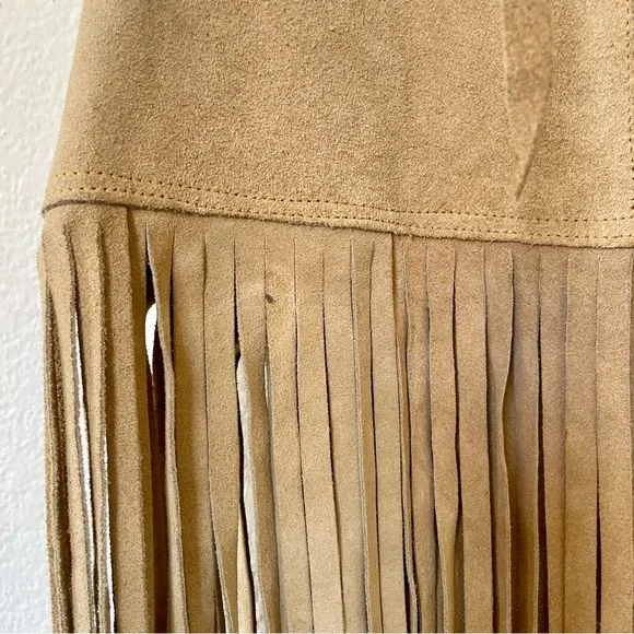 Vintage Suede Leather Long Fringe Vest Taupe Camel Boho Layering Piece NWT - Picture 11 of 16